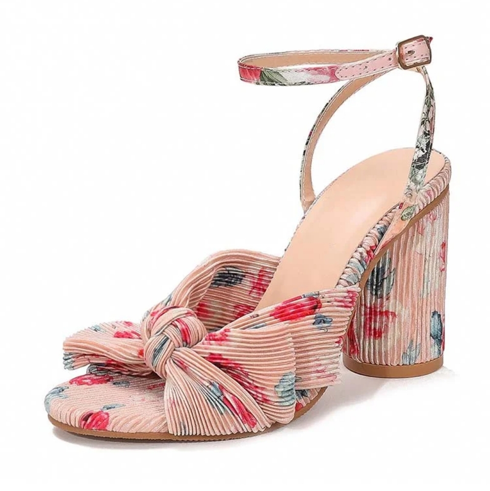 Women's Floral Chunky Heel Pleated Bow Sandals